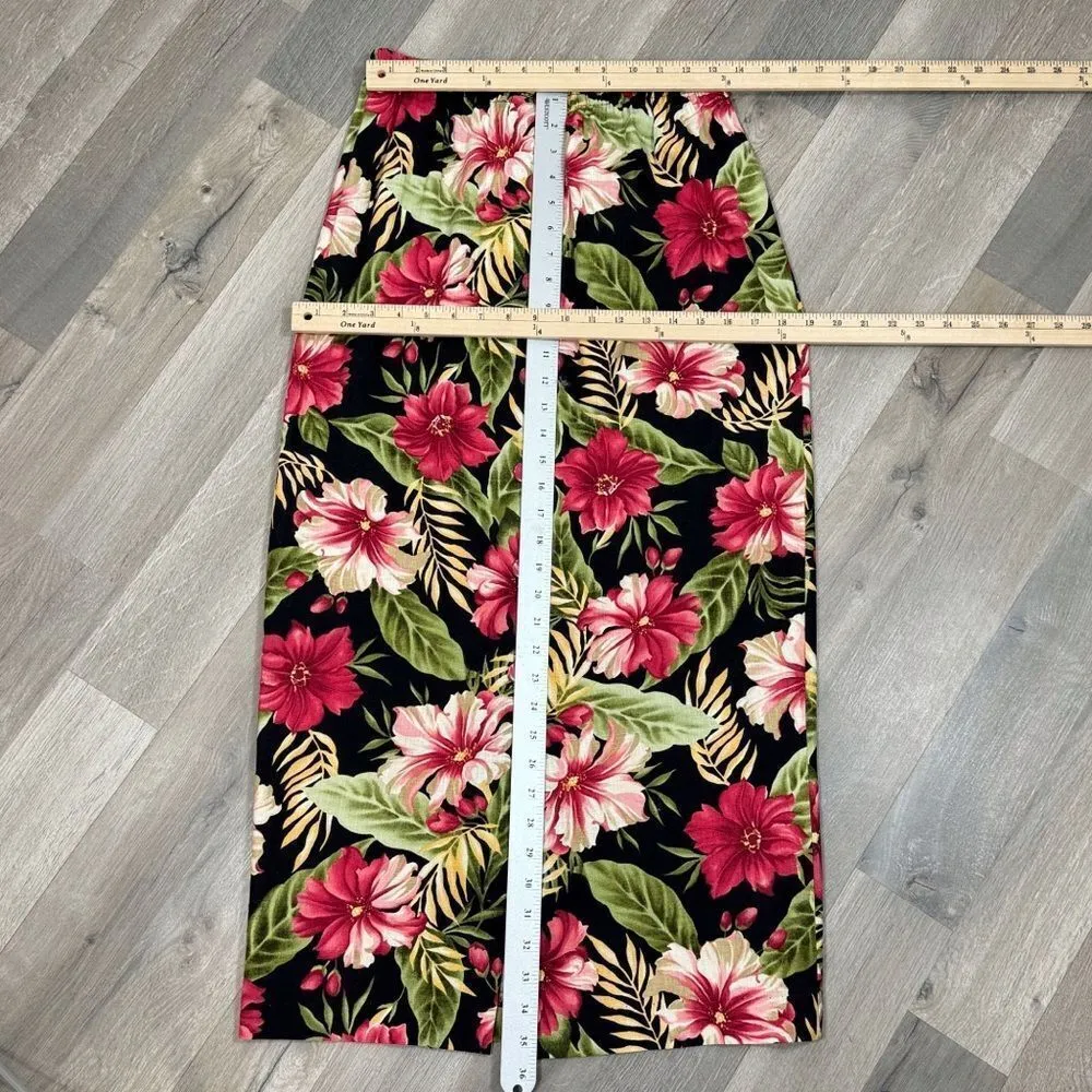 Haggar‎ Vintage Linen Tropical Flower Print Button Front Maxi Skirt Black Pink 8 - Image 10