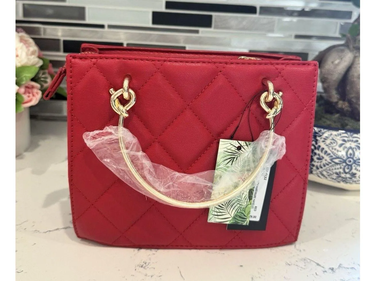 Badgley Mischka Red Quilted Bag With Gold Accents New With Tags MSRP $129 - Image 2