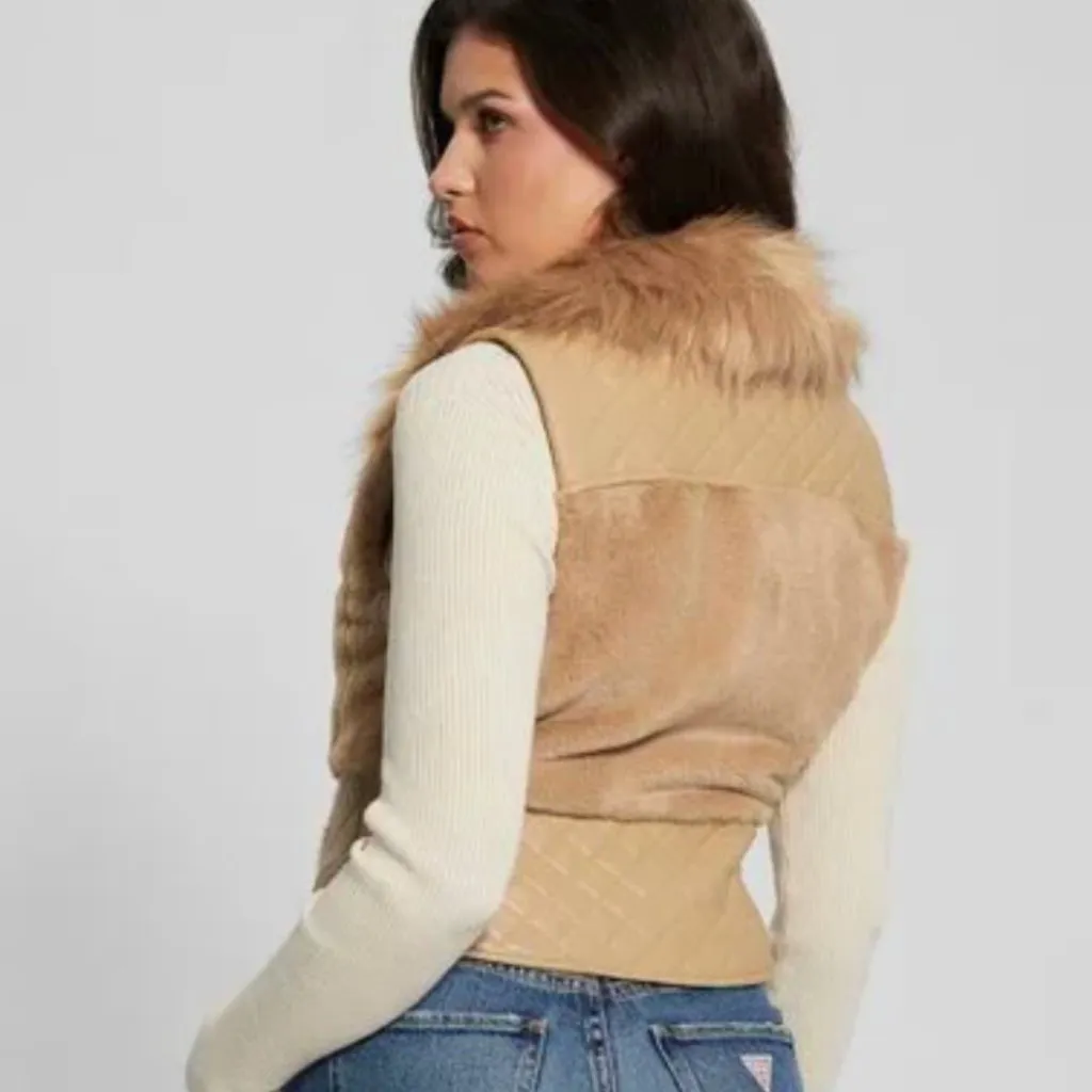NWT Guess Women Khaki Tan Multi Emma Faux-Fur Vest XS - Image 4