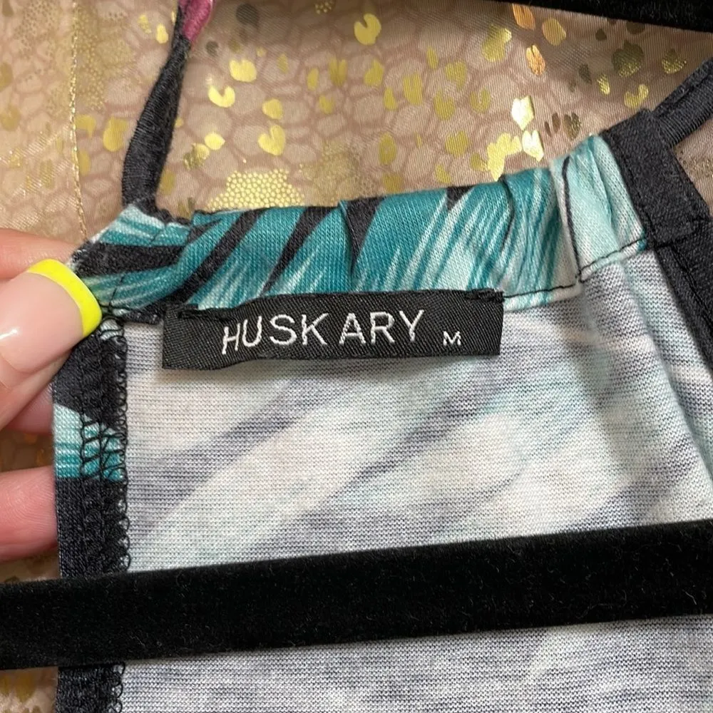 Huskary tropical luau black green and purple halter tie dress, size M Size M - Image 5