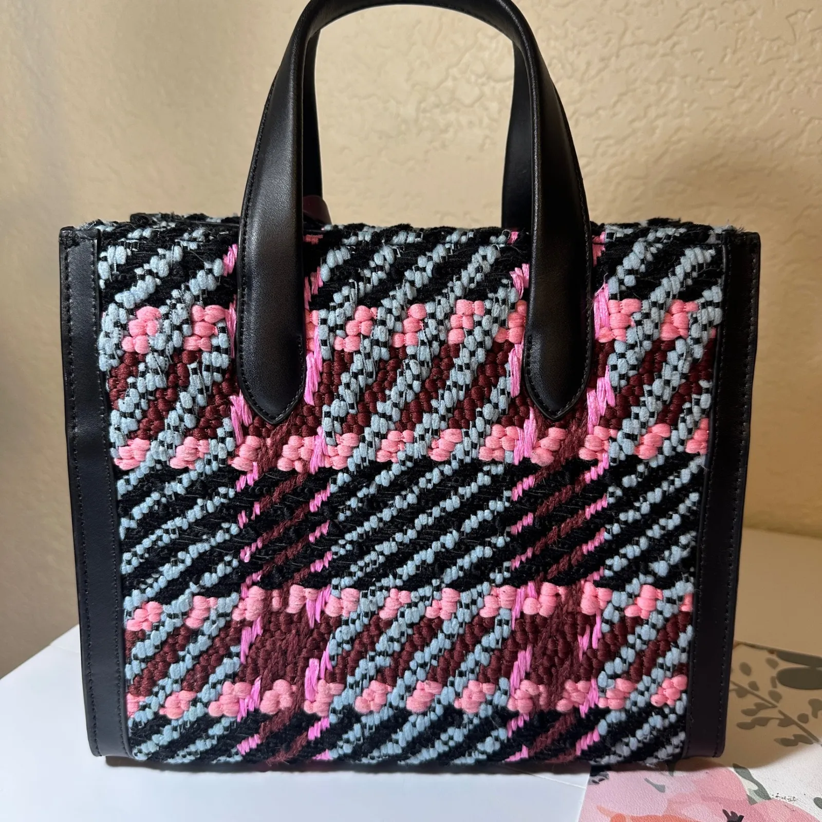 Kate Spade Small Woven Plaid Tweed Manhattan Tote Burgundy Pink Blue - Image 6