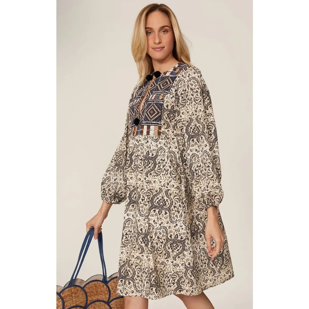 FIGUE Boho Baltic Embroidered Pom Pom Lucie Mini Puff Sleeves Dress Size XS Brown - Image 2