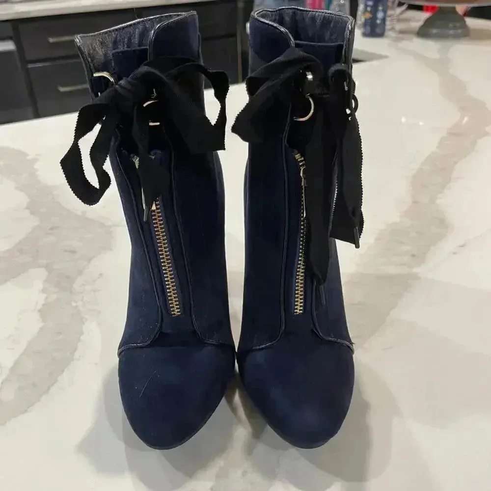 Hot Kiss Dark Blue Velvet Ankle Booties with Ribbon & Gold Zipper Women's 7.5 - Image 2
