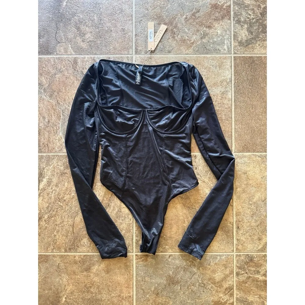 Skims Glissenette Long Sleeve Bodysuit Onyx Size XS - Image 4