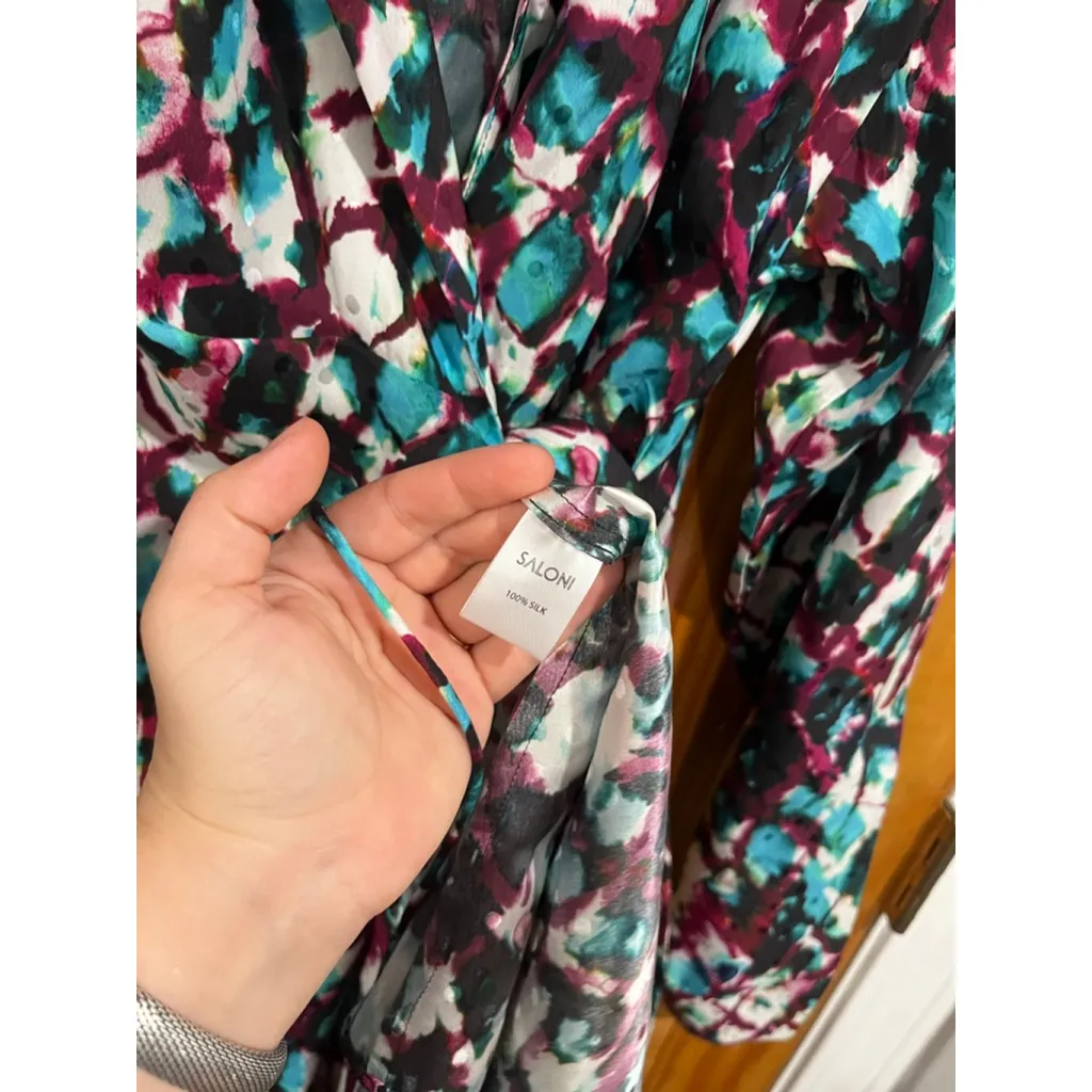 Saloni Mari Abstract Watercolor Tie Front Silk Satin Mini Dress Us 12 - Image 4