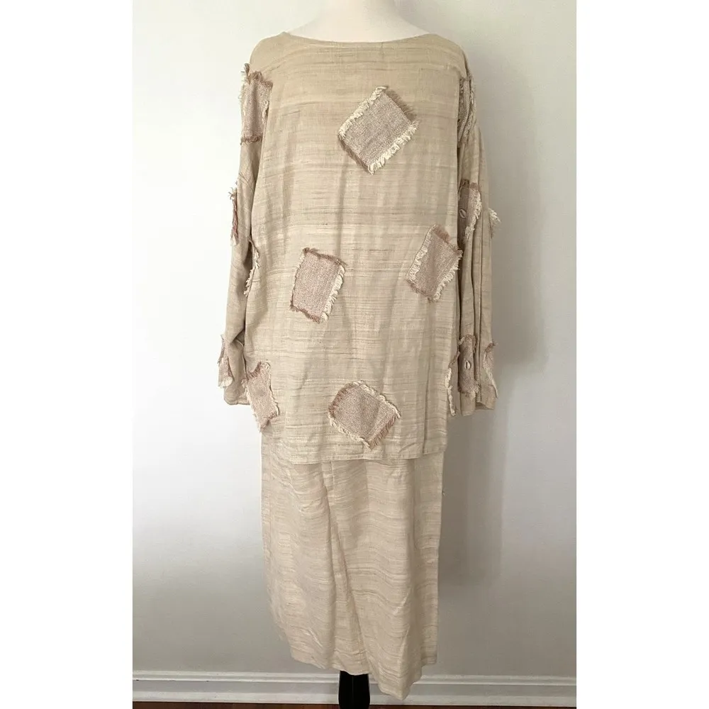 ASHRO Two Piece Top and Skirt Silk Cotton Blend Shell Lagenlook Sz M Tan Size M - Image 2