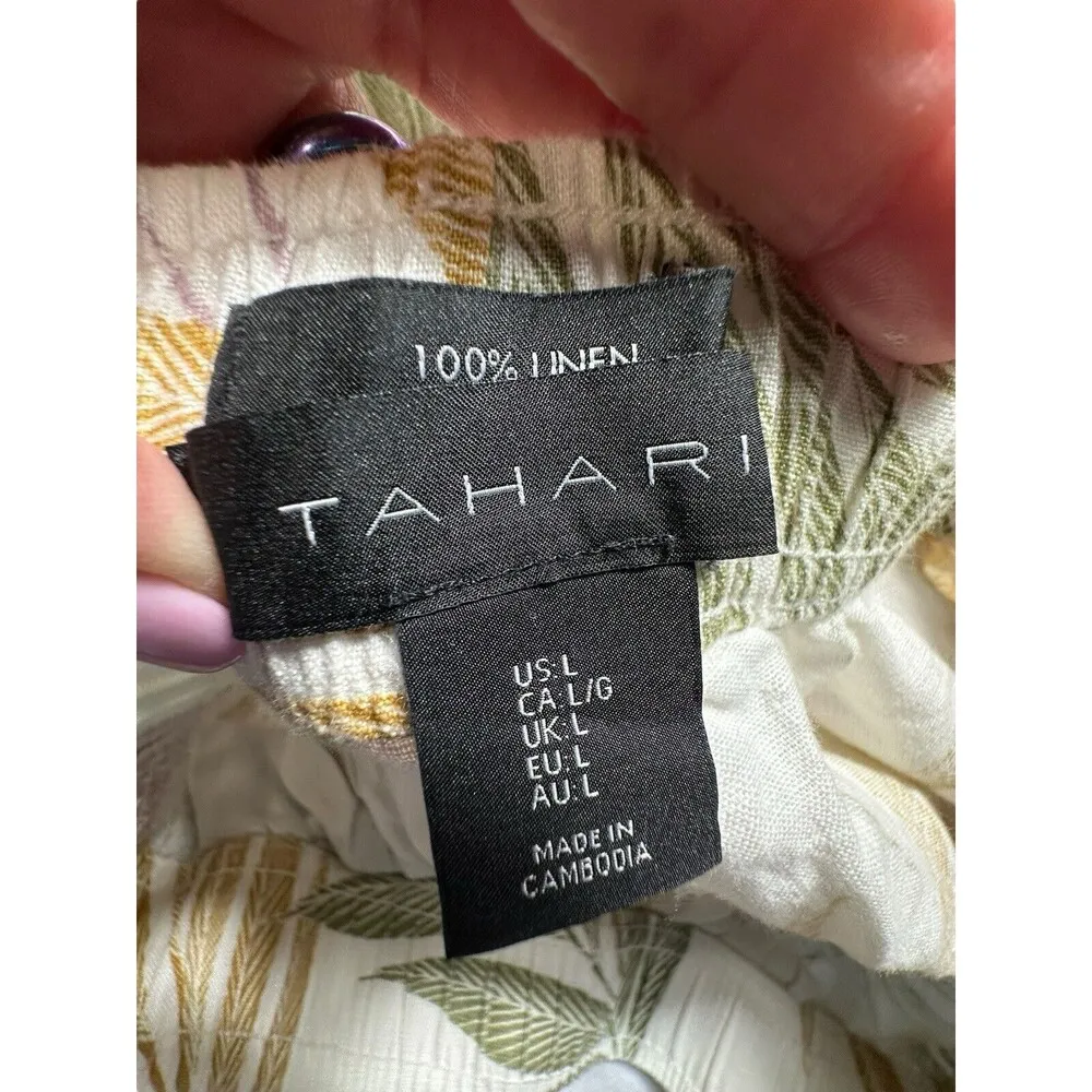 Tahari Pants Women LARGE 100% LINEN WIDE LEG PALM Print POCKETS HIGH WAIST P20-5 - Image 7