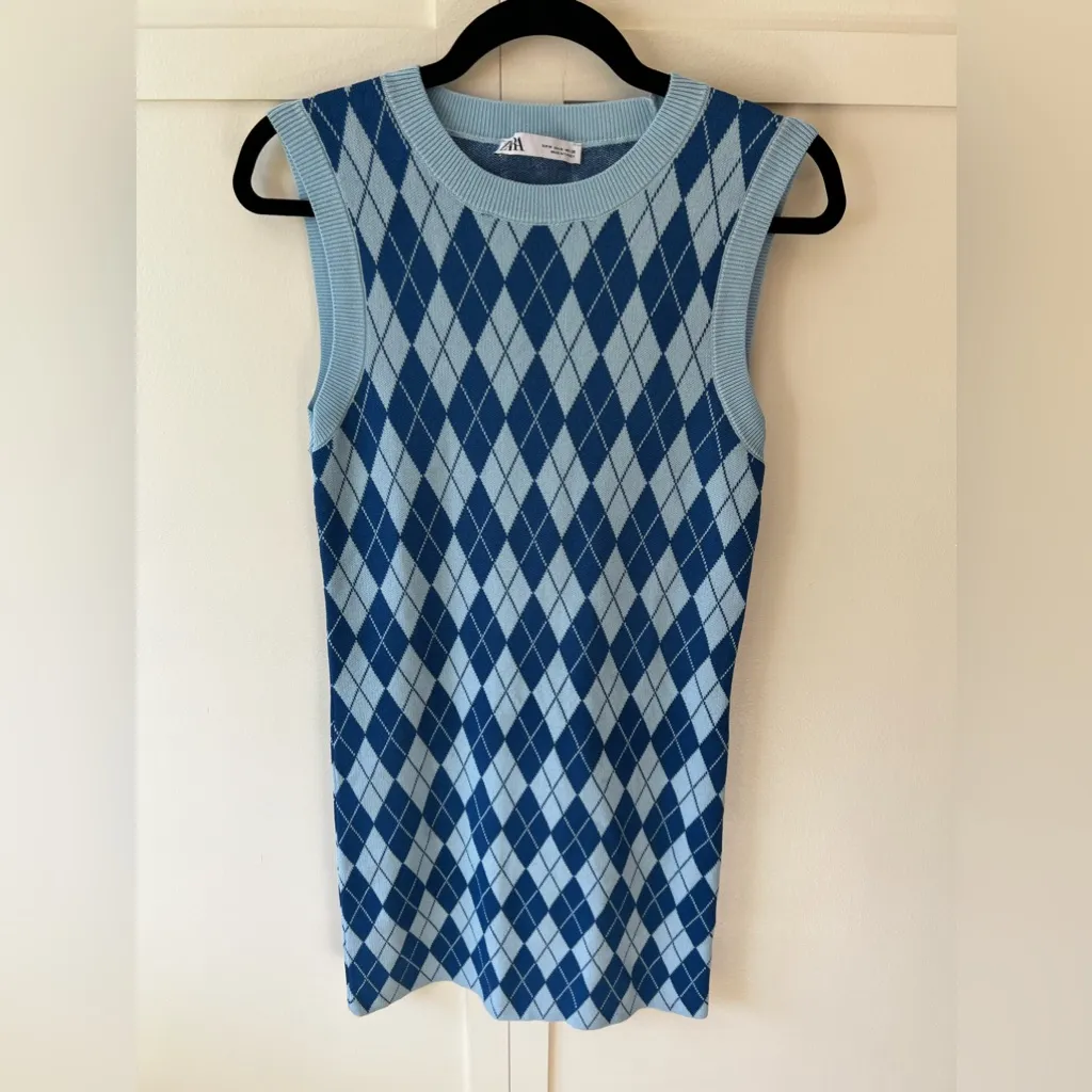 Zara Women’s NWOT Blue Argyle Sweater‎ Knit Mini Dress Size Medium - Image 3