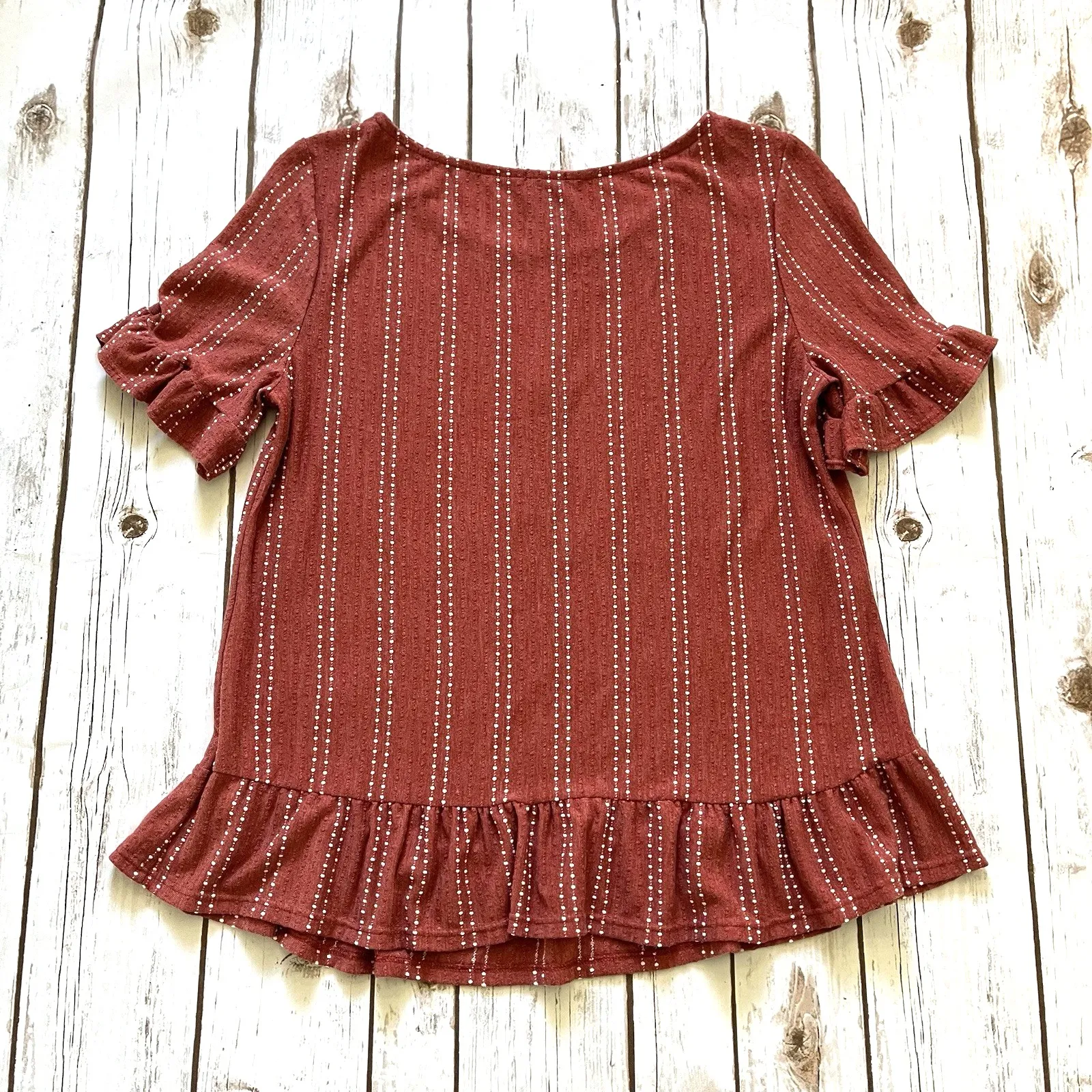 New Ruffle Short Sleeve Top Women M 8 10‎ Swiss Dot Boho Striped W5 Boutique Tee - Image 4
