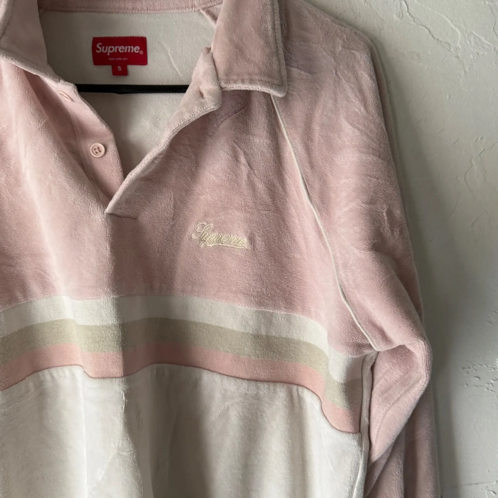 Supreme Y2k Velour Rugby Shirt Pink White Striped Embroidered Logo Size S - Image 2