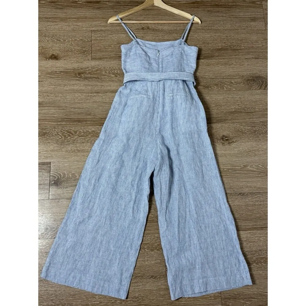 J. Crew 100% LINEN Women’s Blue White Striped Wide Leg Jumpsuit Preppy Size 0 - Image 11