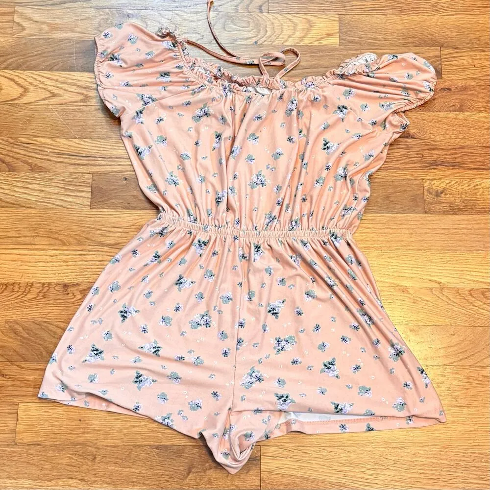Rue 21 Juniors Medium Pink Floral Ruffle Off Shoulder Romper Shorts Cottagecore - Image 5