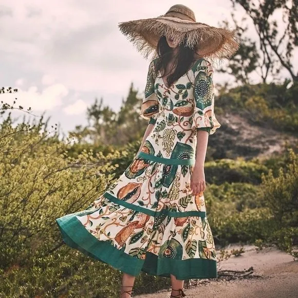 Alexis Pierah Midi Maxi Dress (Sz M) Linen Cotton Blend Jade Garden - Image 2