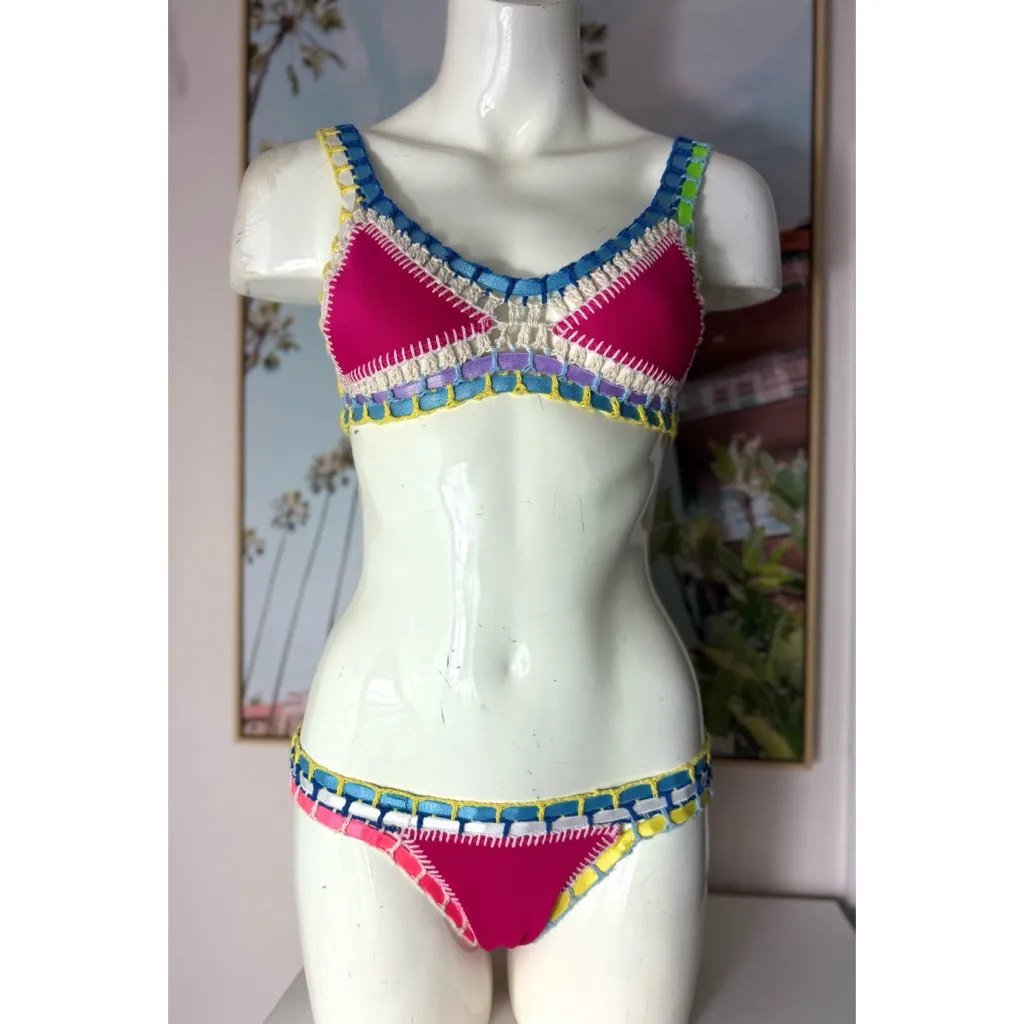 Women’s Multicolor Crochet Trim Triangle Bikini Set Swimsuit Size Small Pink - Image 3
