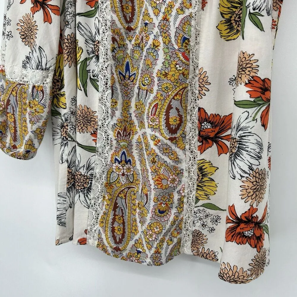 Fig & Flower Boho Peasant Top White Lace Long Slit Balloon Sleeves Yellow Size M Size M - Image 5