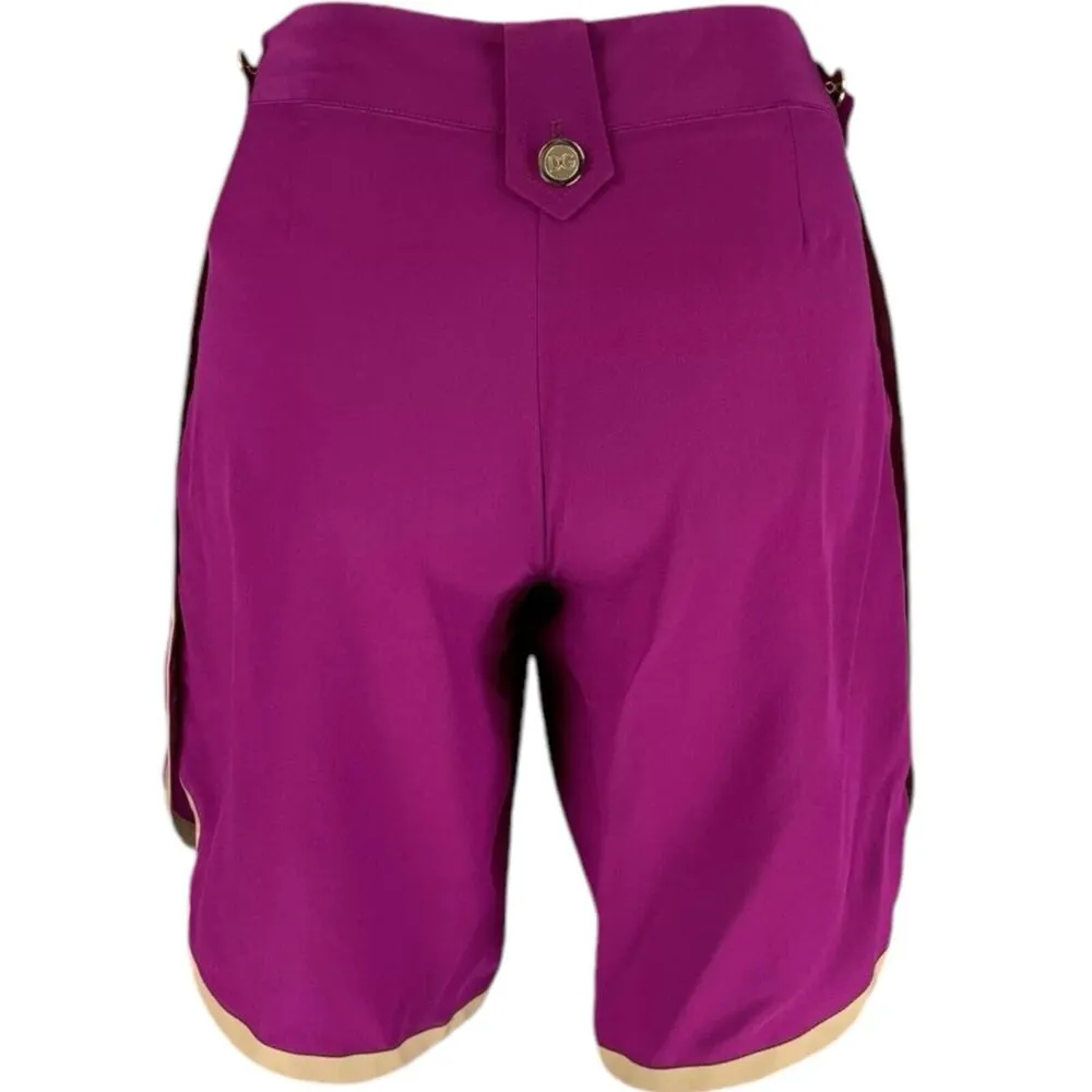 Dolce & Gabbana Purple Silk Beige Trim Logo Button Mid Rise Shorts Sz 42 / 6 - Image 4