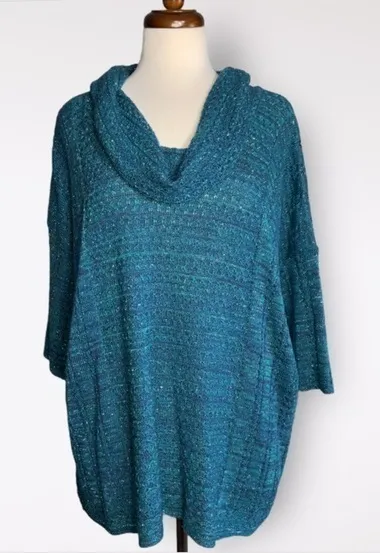 Catherines Teal Metallic Oversized Cowl Neck Open Ribbed Knit Sweater OXWP - Image 1