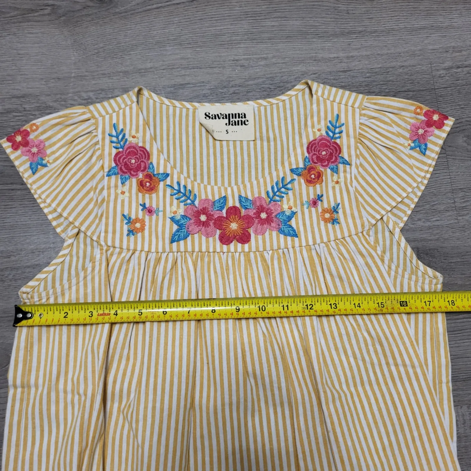 Savanna Jane Embroidered Floral Striped Yellow Top Women Size S Short Sleeve - Image 6
