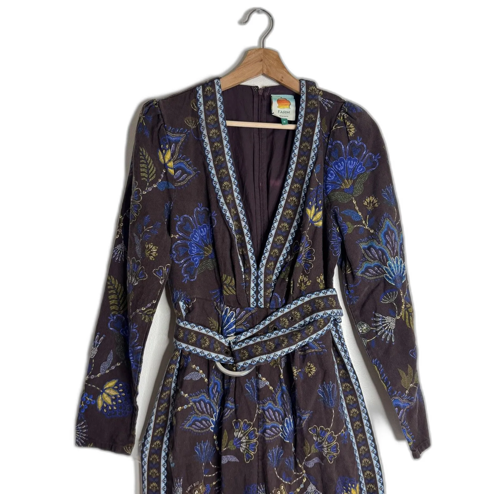 Farm Rio Jumpsuit Womens Medium Brown Blue Floral Belted Long Sleeve V Neck Boho - Image 3