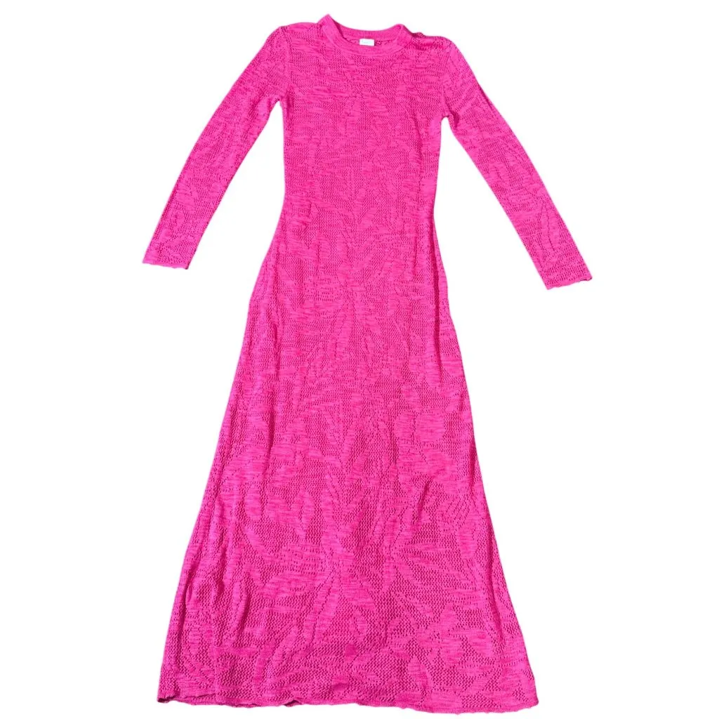 NEW New Day Sz M Long Sleeve Maxi Crochet Pink Dress Womens Knit Crew Neck Beach - Image 3