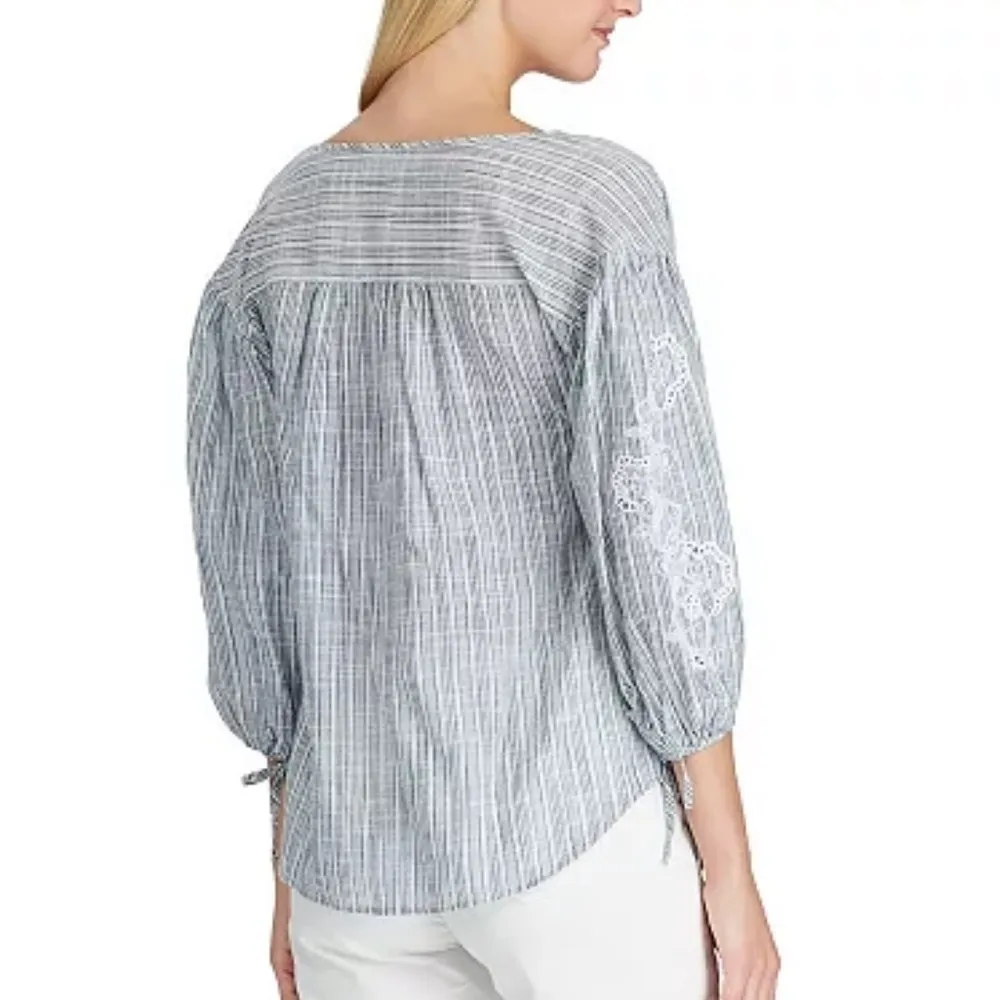 CHAPS Blue White Peasant Top Stripe Shirt Lightweight Long Embroidered Sleeves M - Image 3