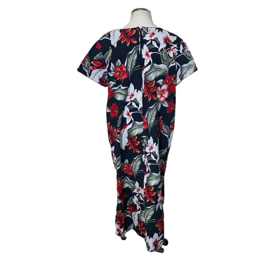 KAD Creations Vintage Hawaiian Black Tropical Hibiscus Floral Print Midi Dress Size undefined - Image 3