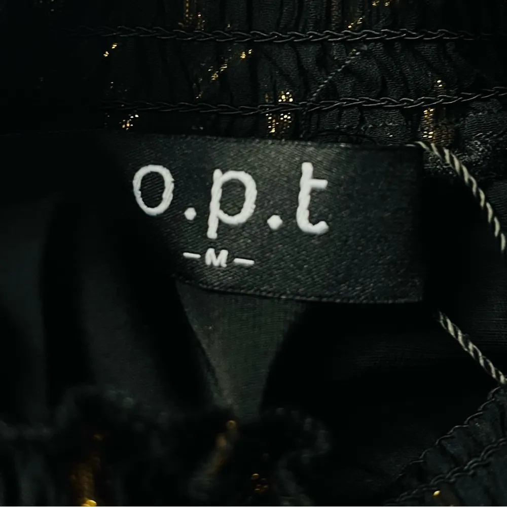 O.p.t Peplum Mock Neck Bell Sleeve Blouse Black Gold Size Medium - Image 4