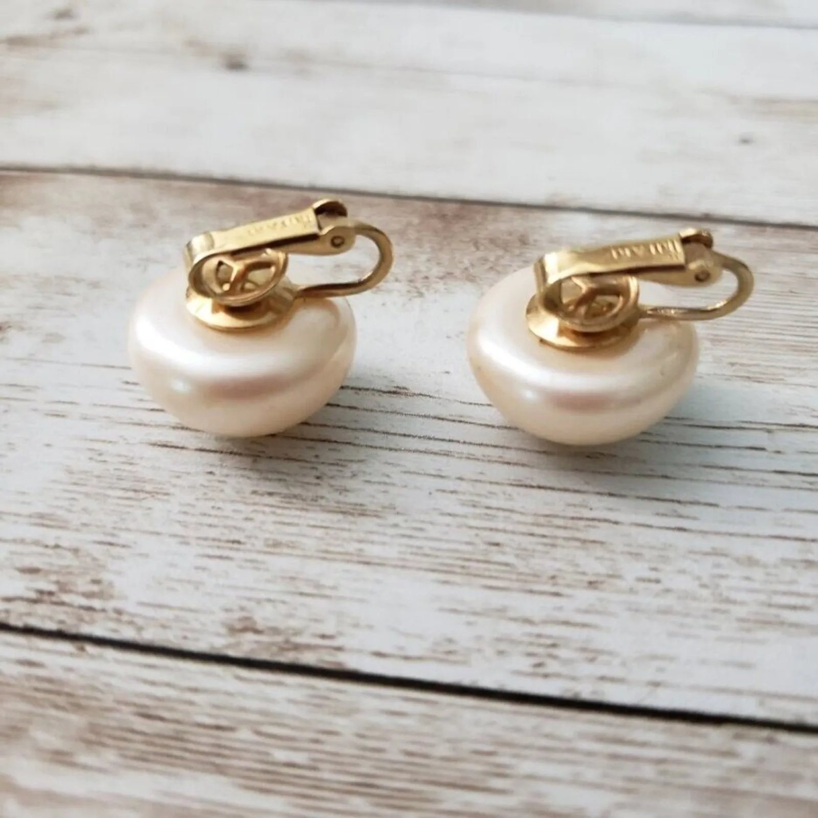 Vintage Trifari Clip On Earrings - Faux Pearl Domed Circle - Image 3