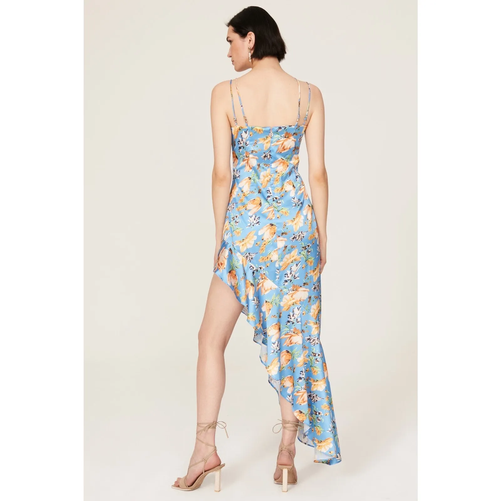 Nookie Simone Blue Floral Satin Asymmetrical Ruffled Cut Out Cocktail Dress L - Image 3