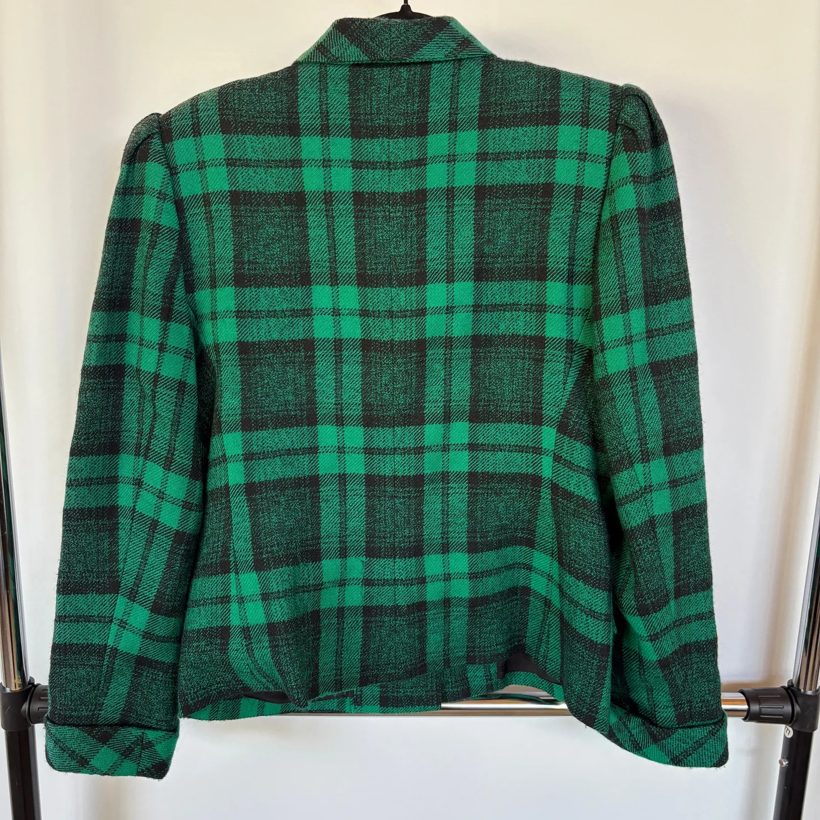 Vintage 80s Kelly Green Plaid Blazer Jacket Wool Velvet Bow Preppy Career Size 8 - Image 3