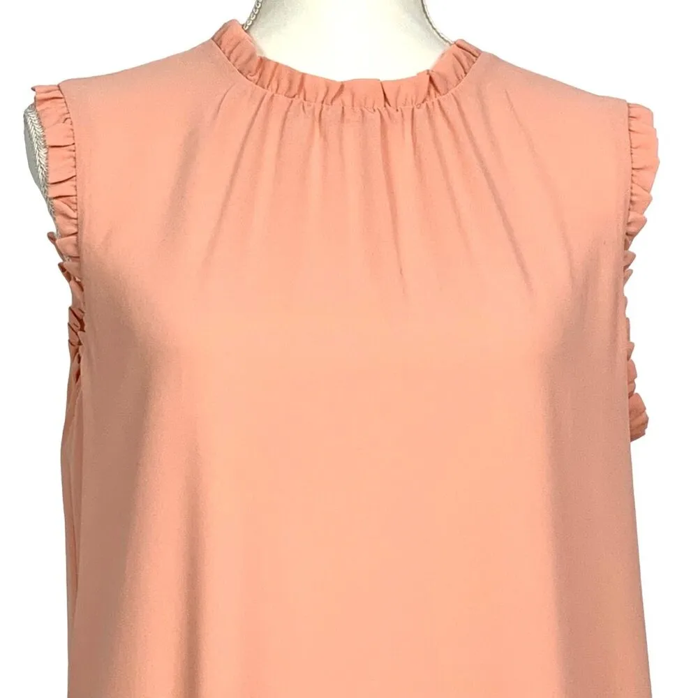 WAYF Peachy Pink Shift Ruffled Mock Neck Swing Sheer Baby Doll Dress Size M - Image 3