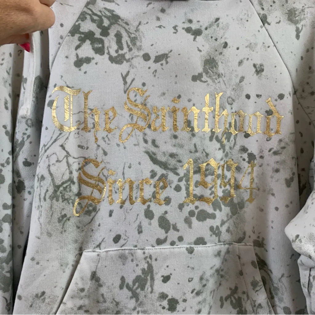 All Saints White and Gray Paint Splatter with Gold Logo Sweatshirt Hoodie - Image 3