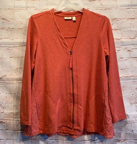 LOGO Lounge by Lori Goldstein Zip front cardigan lace back Medium coral full zip - Image 1