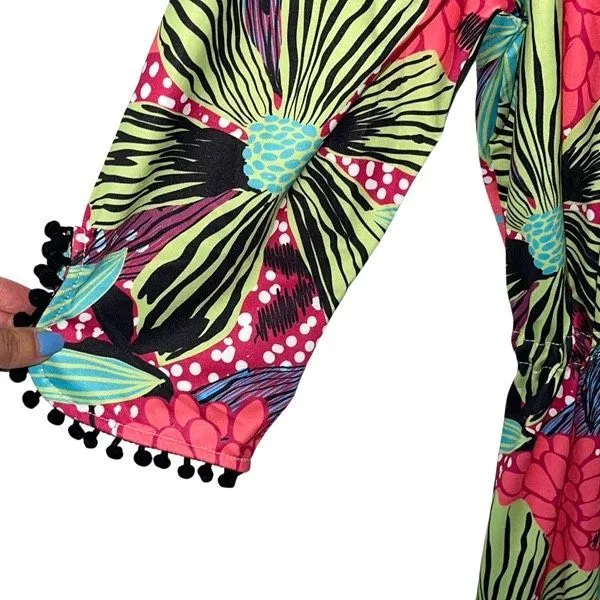 Tracy Negoshian Womens Floral‎ Pompom Trim 3/4 Sleeve Tiana Dress Blooming Large - Image 4