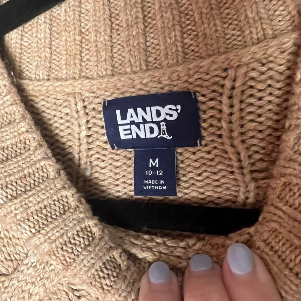 Lands' End Tan Cowl Neck Cable Knit Sweater Academia Fishetman Coast Grandpa - Image 2