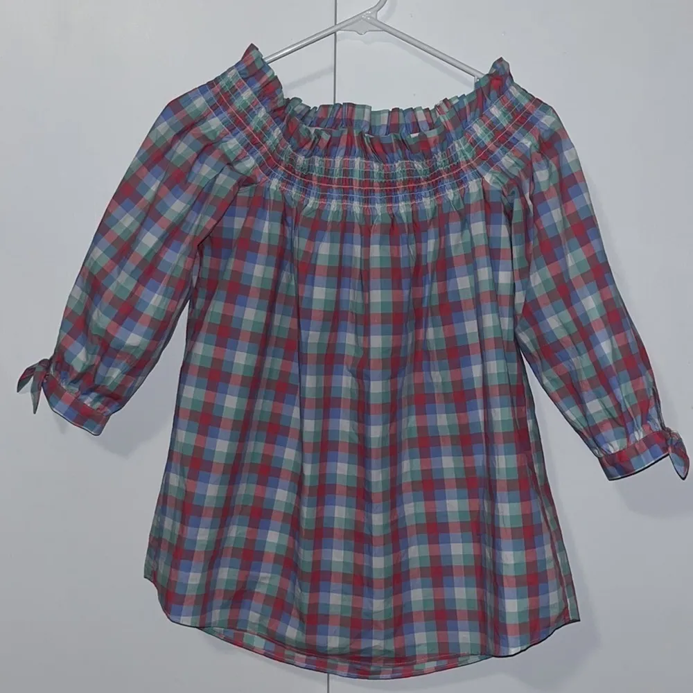 Kate Spade Madras Off Shoulder Top Blouse 3/4 Sleeve Pink Blue Gingham XXS - Image 6