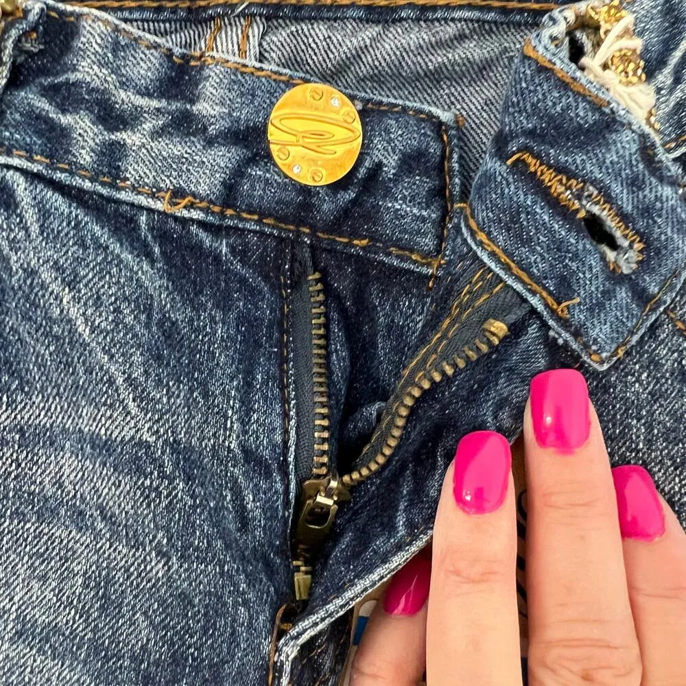 Blue Pearl Allen Schwartz Topaz Jeweled Jeans Blue 70s Flare Size 28 Y2K NWT - Image 13