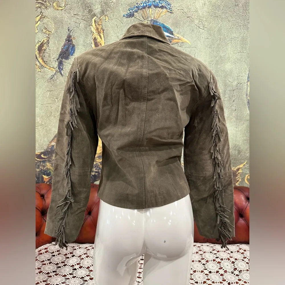 Skin by Jou Jou suede olive leather Bomber Jacket with Fringe Detailing Brown - Image 3