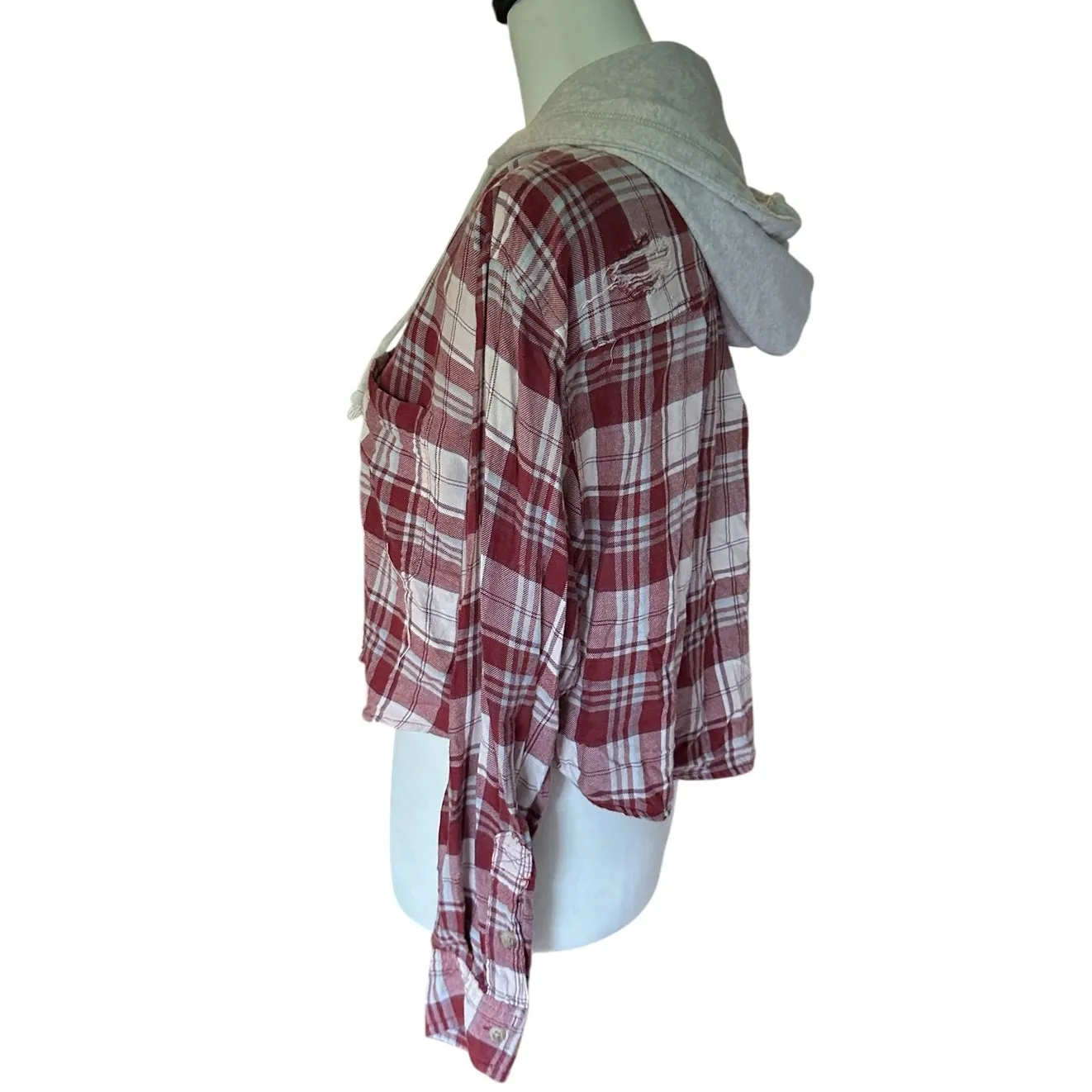 American Eagle Crop Worn Flannel Red Gray White - Image 3