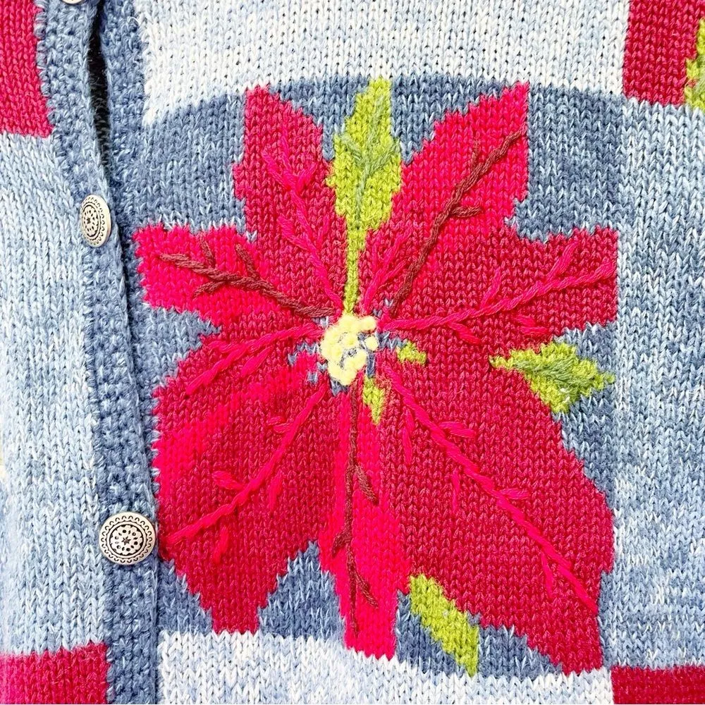NWT Vintage Northern Isles Christmas Poinsettia Patchwork Cardigan Size Large Blue - Image 6