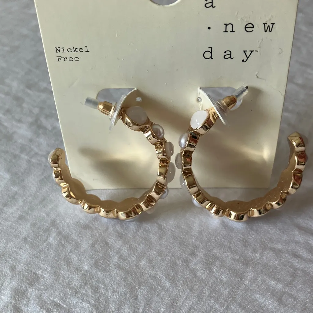 A New Day: Gold Tone & Faux Pearl Hoop Earrings- Nickel Free - Image 9