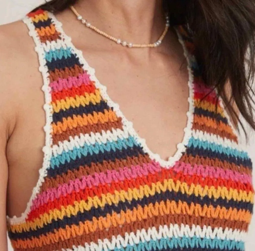 Marine Layer Viv Crochet Multi Stripe Casual Beach Midi Dress Boho Medium - Image 13