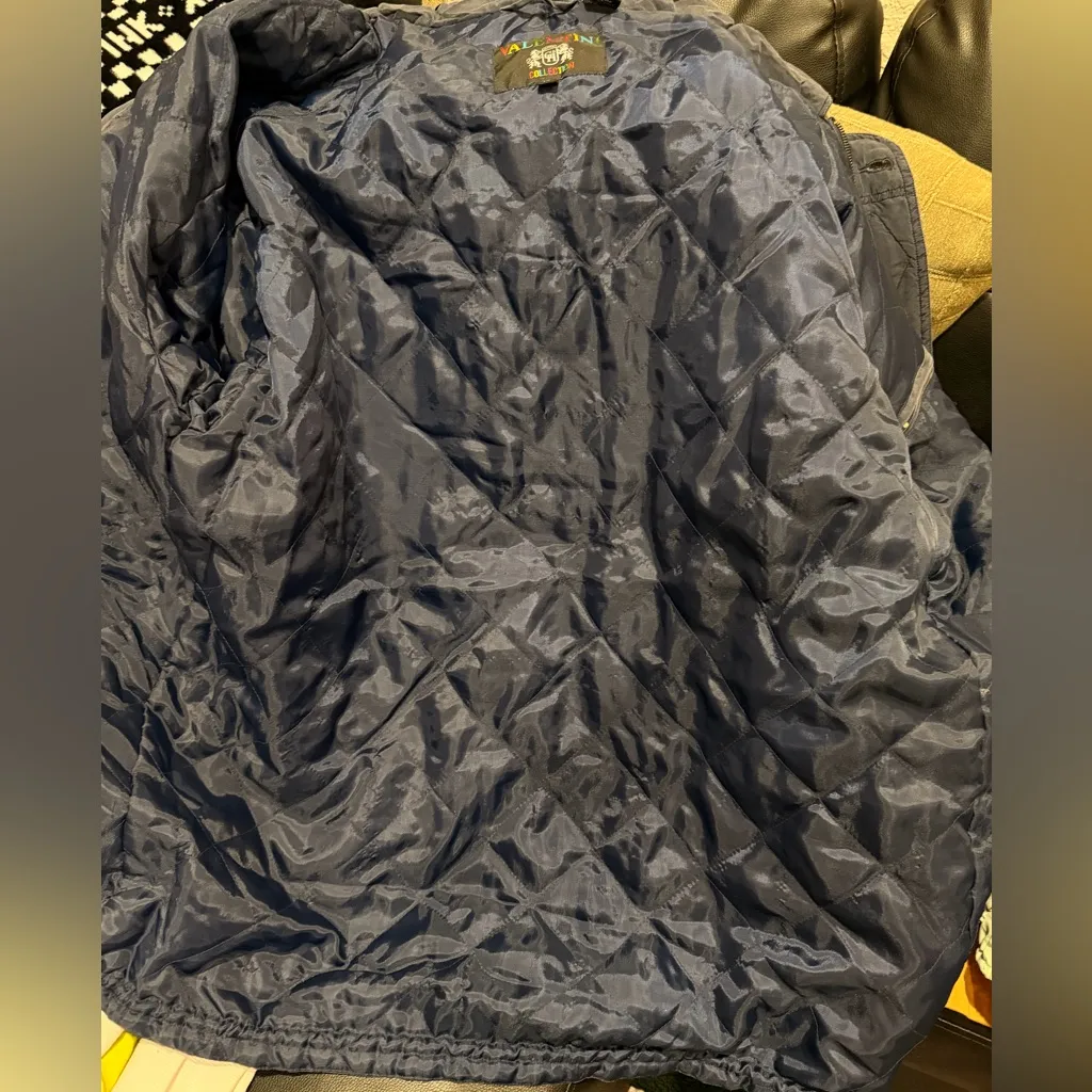 100% Silk BLUE Jacket Zip On Hood MED Oversized Zip Up Drawstring At Waist - Image 11