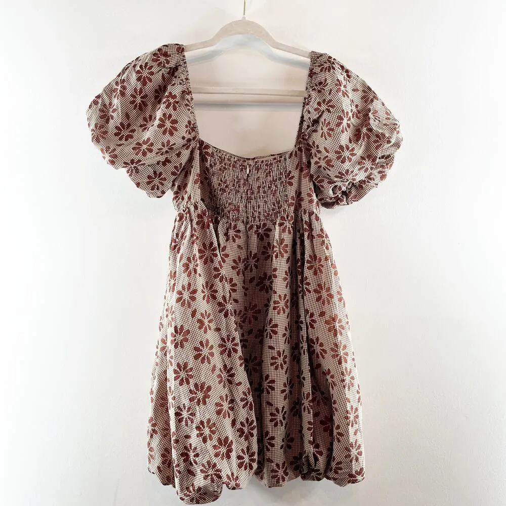 Storia Short Puff Sleeve Square Neck Floral Daisy Bubble Hem Mini Dress Brown M - Image 9