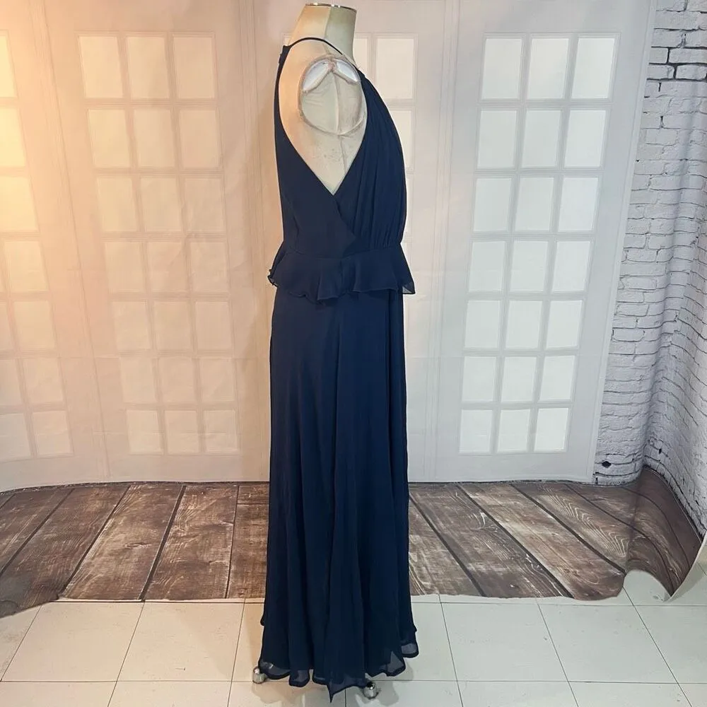 ASOS Navy Chiffon Ruffle Waist Halter Sleeveless Lined Maxi Dress Size 10 - Image 7
