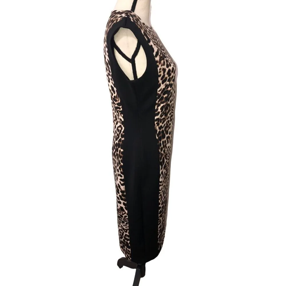 Mob Wife Leopard Print Dress Size 6 Scuba Knit Sheath Cap Sleeve Stretch Edgy - Image 7