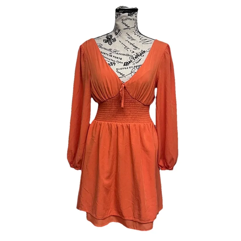 Copper Orange Babydoll Mini Dress Coquette Smocked Waist Long Sleeve S Boho - Image 2