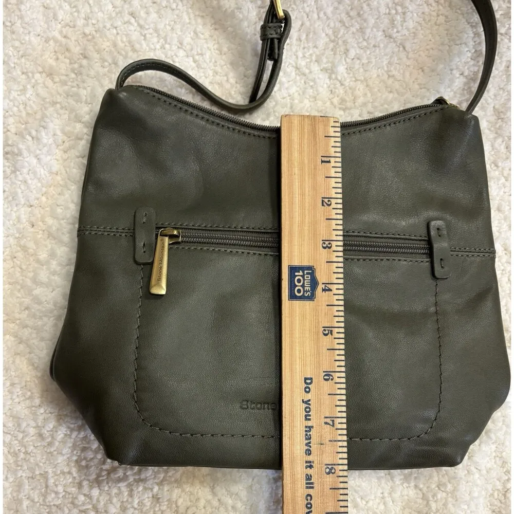 Stone Mountain Olive Green Leather Shoulder Bag with Zipper Pockets 10 X 6 VTG - Image 9