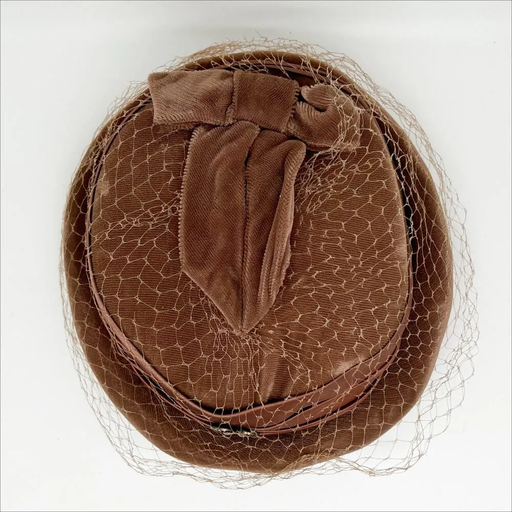 Vintage 50s 60s Brown Velvet Pill Box Hat with Mesh, Bow and Jewel Accent - Image 3