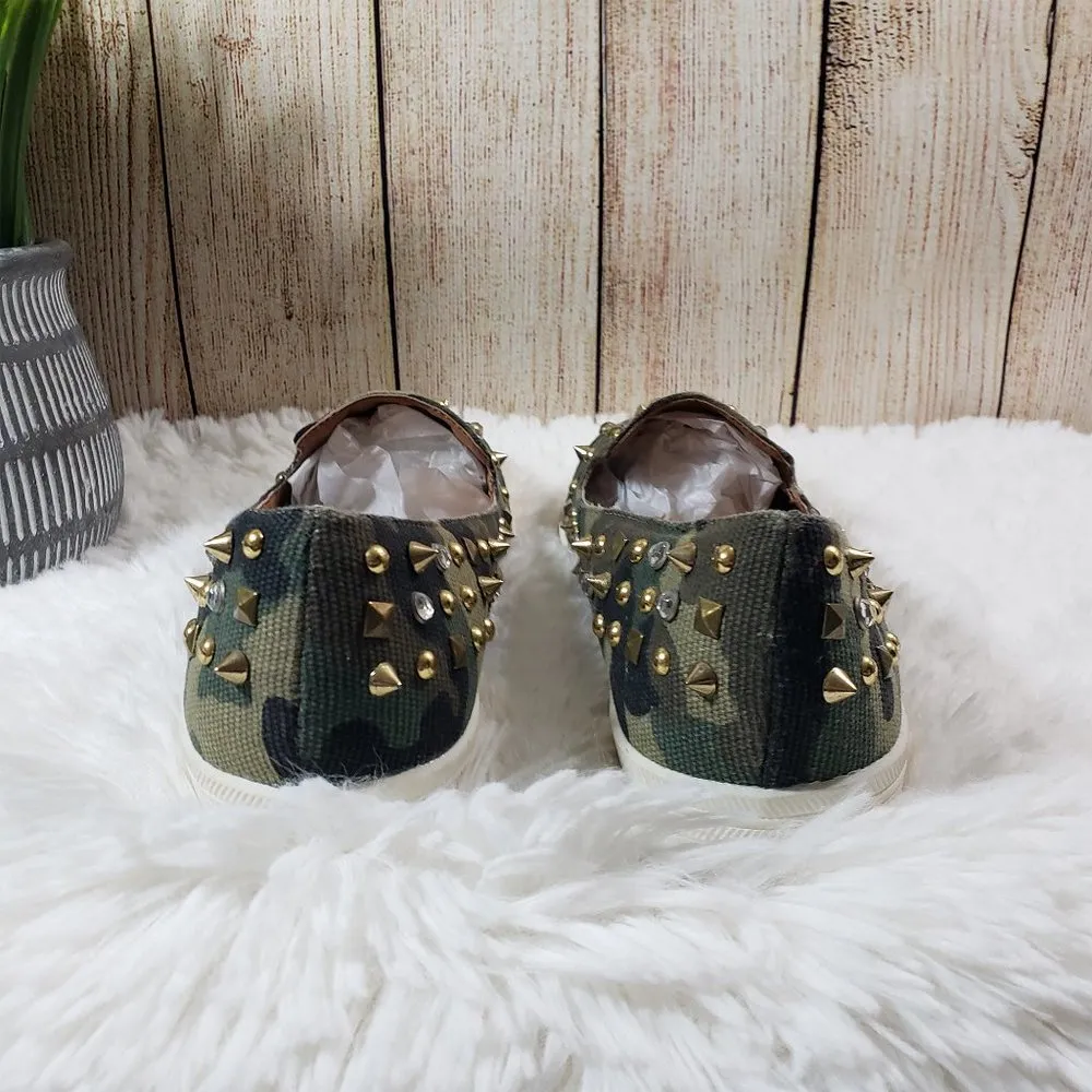 SHELLYS LONDON Size 8 Green Camo Rhinestone Metal Studded Slip On Flat Sneakers Brown - Image 3
